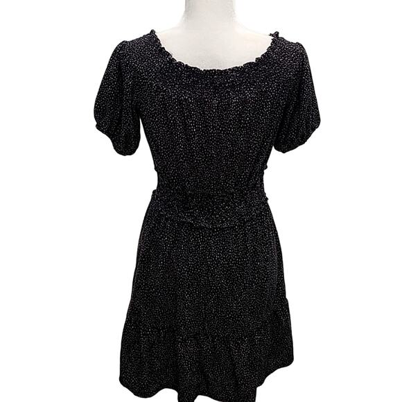 Express Off or on the Shoulder Dress Black w/White Spots Puff Short Sleeves Sz S - Picture 2 of 13